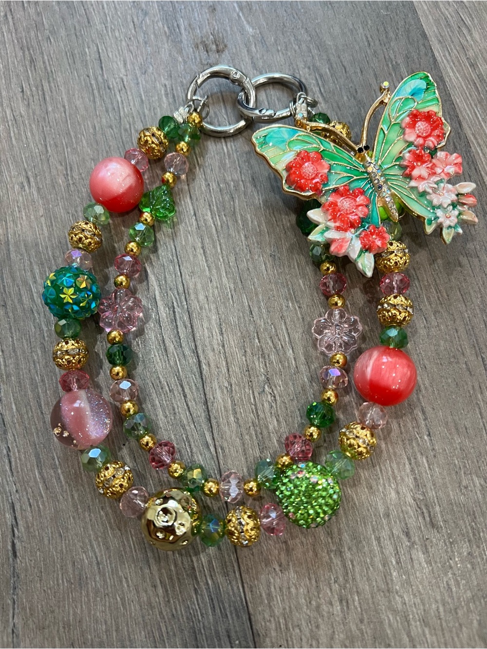 Handcrafted Butterfly Charm Beaded Bracelet - Green & Pink